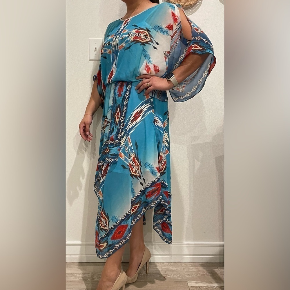 VINTAGE COLLECTIONS  Southwestern Aztec Blue Beaded Handkerchief Dress Size S - Picture 11 of 12